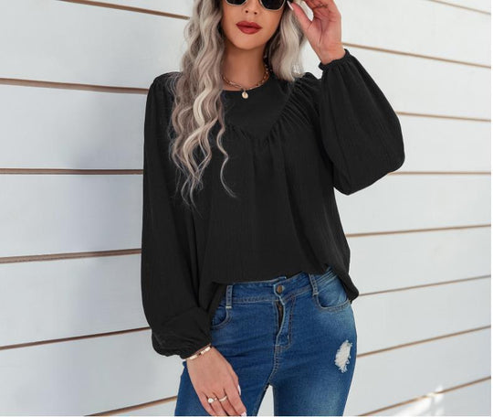 Damen lässige Bluse mit Ballonärmeln und feiner Struktur Fudus