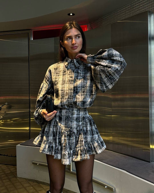 Damen Karierte Bluse und Rock Set Fudus