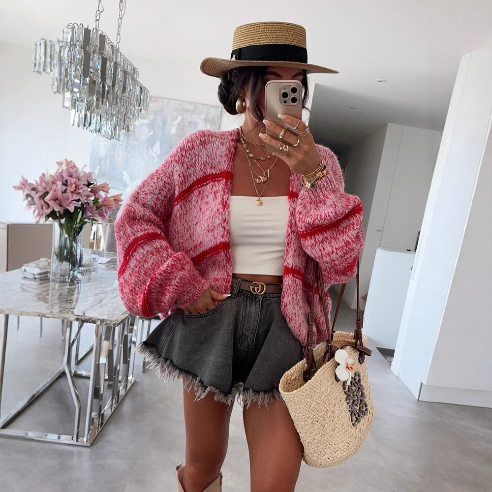 Damen Grobstrickjacke mit lässigem Schnitt und modischem Streifenmuster Fudus