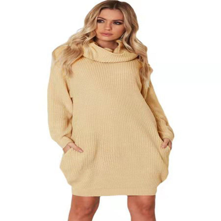 Damen Grobstrickpullover mit hohem Kragen und seitlichen Taschen Fudus