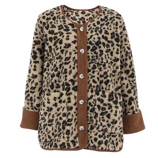 Damen Kuschelweiche Leopardmuster Jacke mit Knopfverschluss und hohem Kragen Fudus