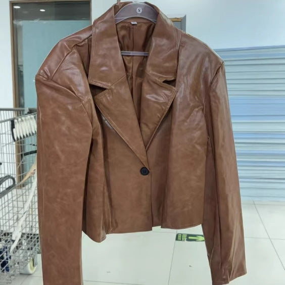 Damen kurze Lederjacke im stilvollen Blazer-Look Fudus