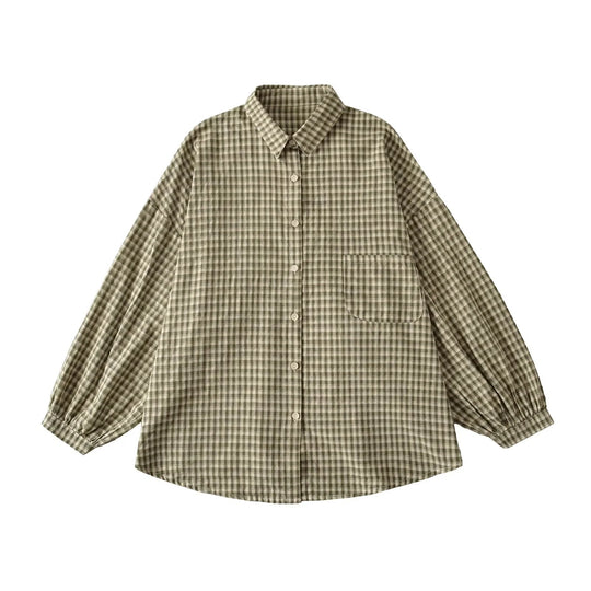 Damen Lässige Karobluse mit überschnittenen Schultern und großen Knöpfen Fudus