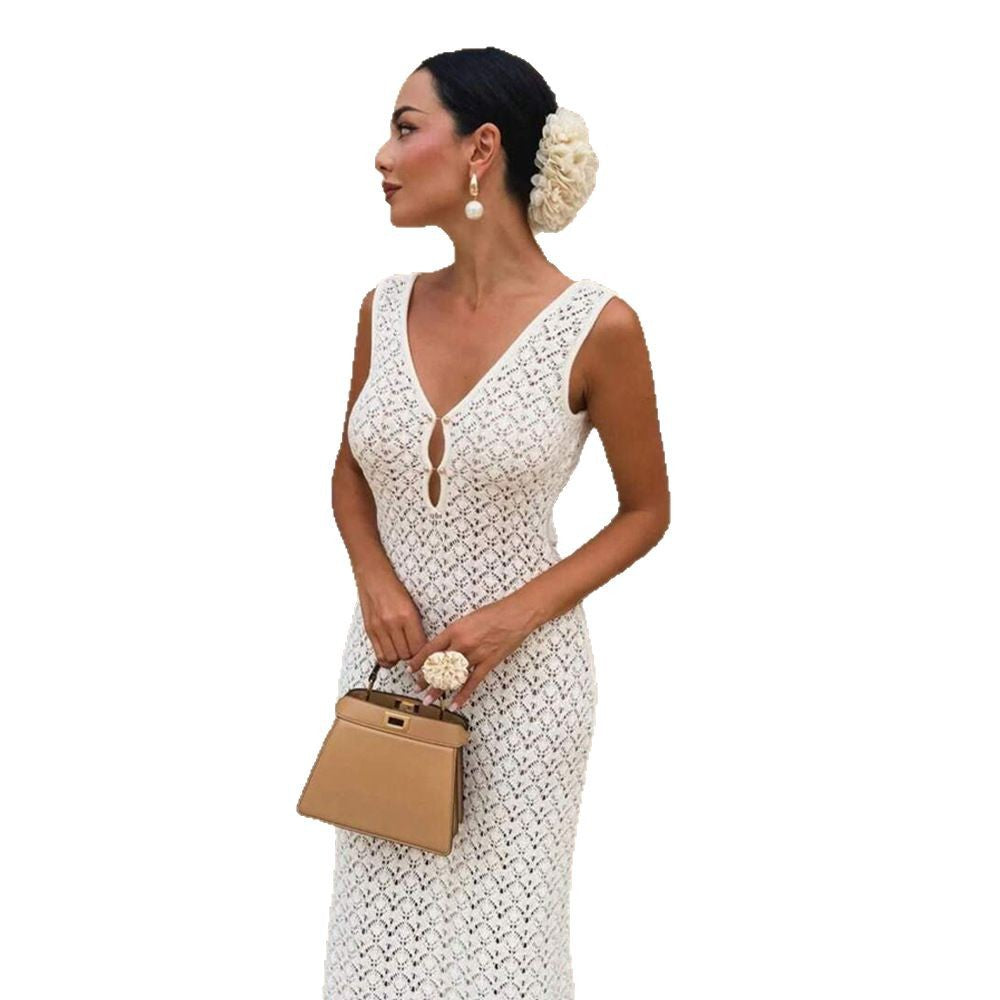 Damen Häkelmaxikleid mit verführerischem V-Ausschnitt und raffinierten Ausschnitten Fudus