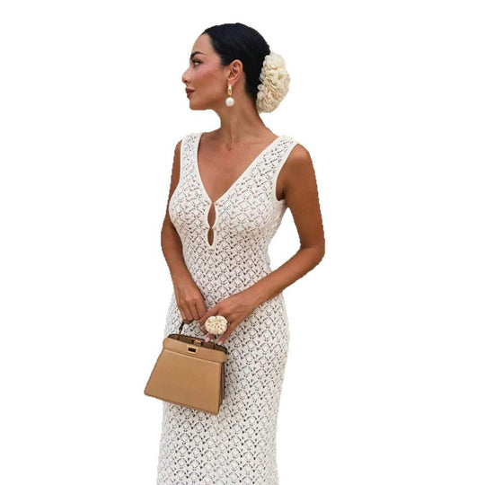 Damen Häkelmaxikleid mit verführerischem V-Ausschnitt und raffinierten Ausschnitten Fudus