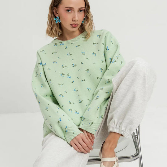 Damen kuscheliger Strickpullover mit floralem Muster Fudus