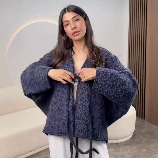 Damen kuschelige Strickjacke mit modischem Bindegürtel Fudus