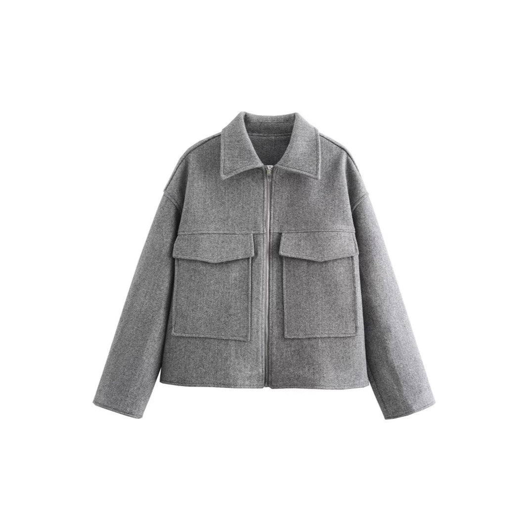 Damen lässige Jacke mit aufgesetzten Taschen und Reißverschluss Fudus