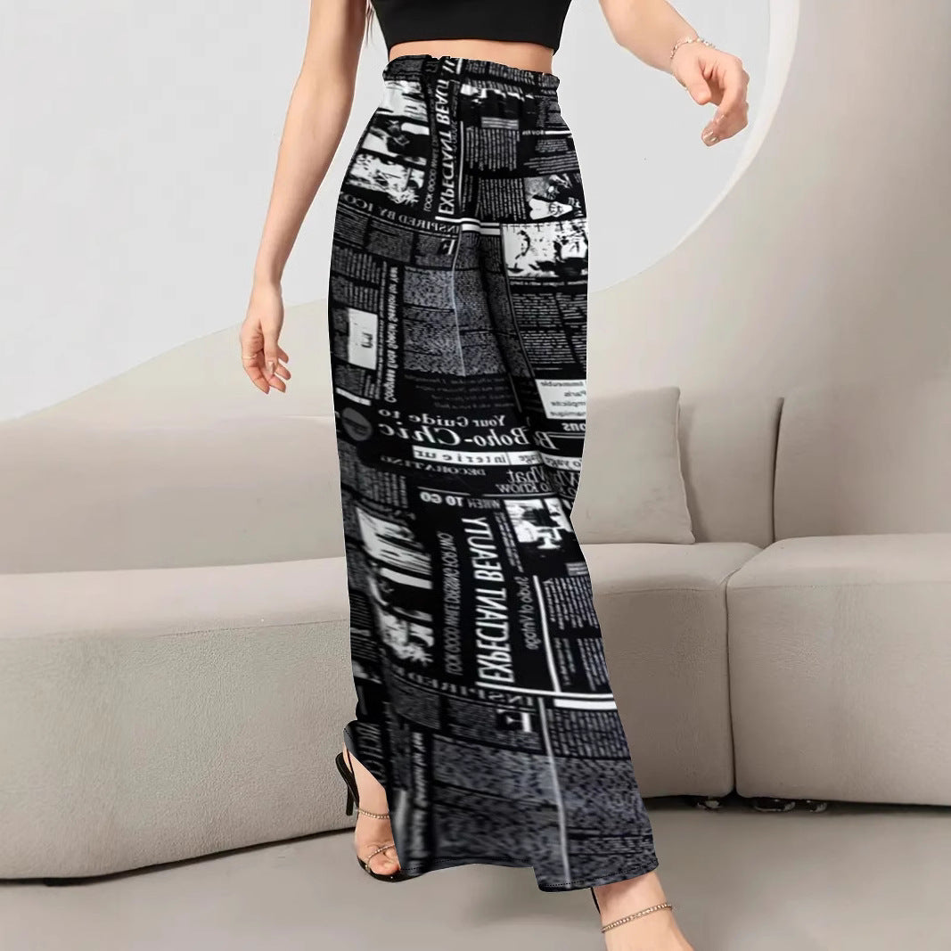 Damen Langer Plissierter Rock mit modischem Zeitungsdruck Fudus