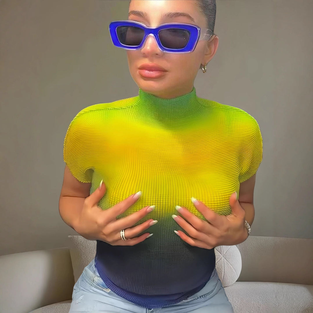 Damen Kurzarm-T-Shirt mit modernem Farbverlauf und hohem Kragen Fudus