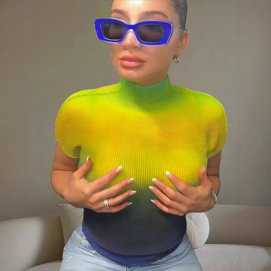 Damen Kurzarm-T-Shirt mit modernem Farbverlauf und hohem Kragen Fudus