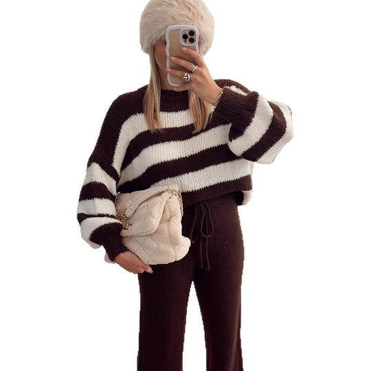Damen modischer Cropped Pullover mit einzigartigem Streifenmuster und weit geschnittenen Ärmeln Fudus