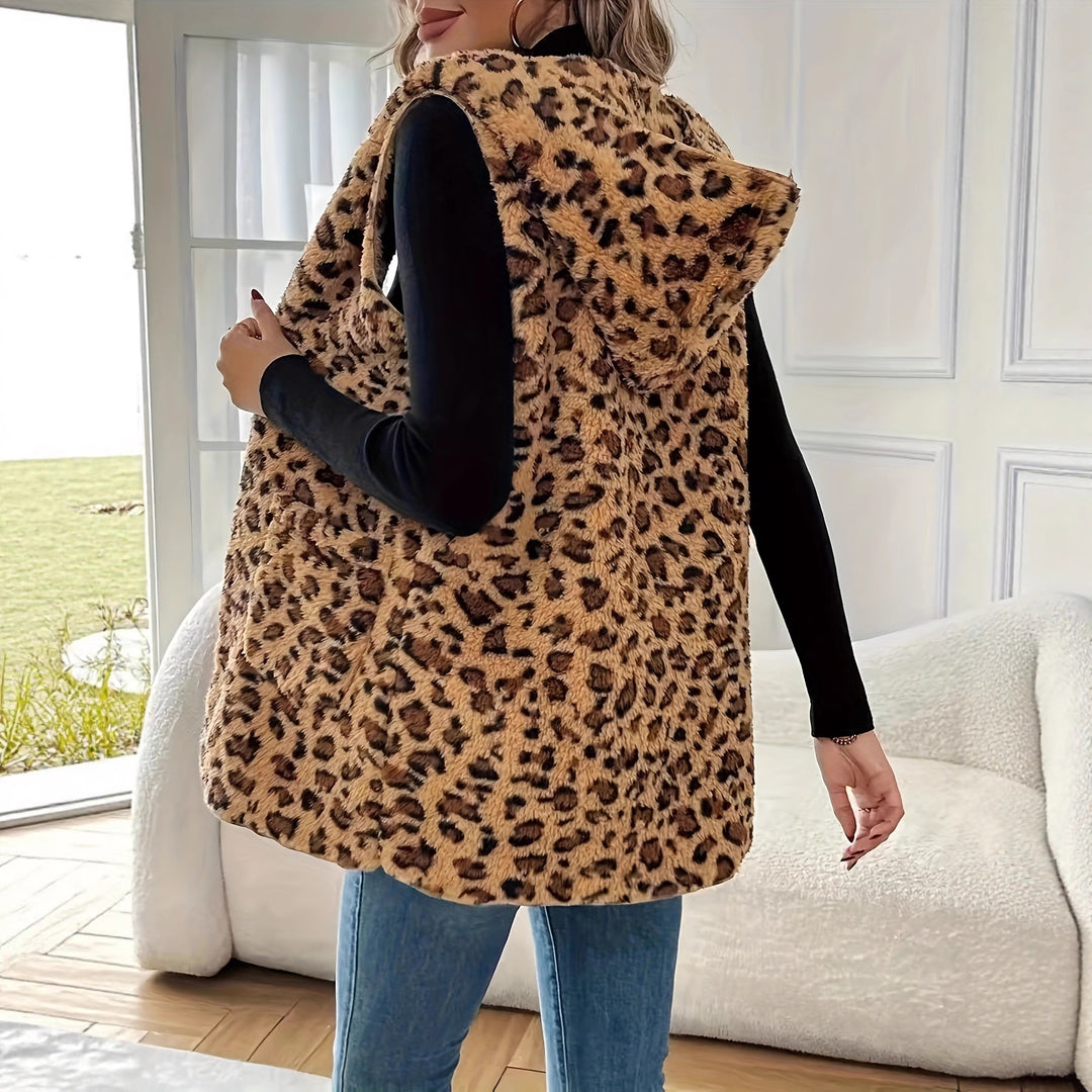 Damen kuschelige Weste mit Kapuze und Leopardenmuster Fudus