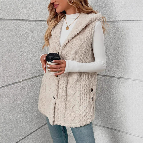 Damen kuschelige Strickweste mit Kapuze und Knopfverschluss Fudus