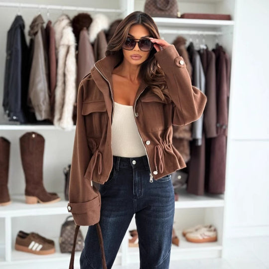 Damen Kurze Utility-Jacke mit Taillenzug und praktischen Taschen Fudus