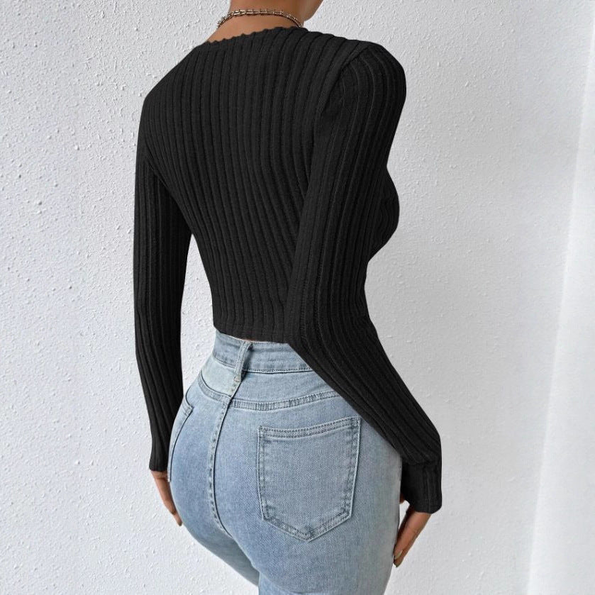 Damen Langarm-Crop-Top mit schmeichelndem Wickeldesign Fudus