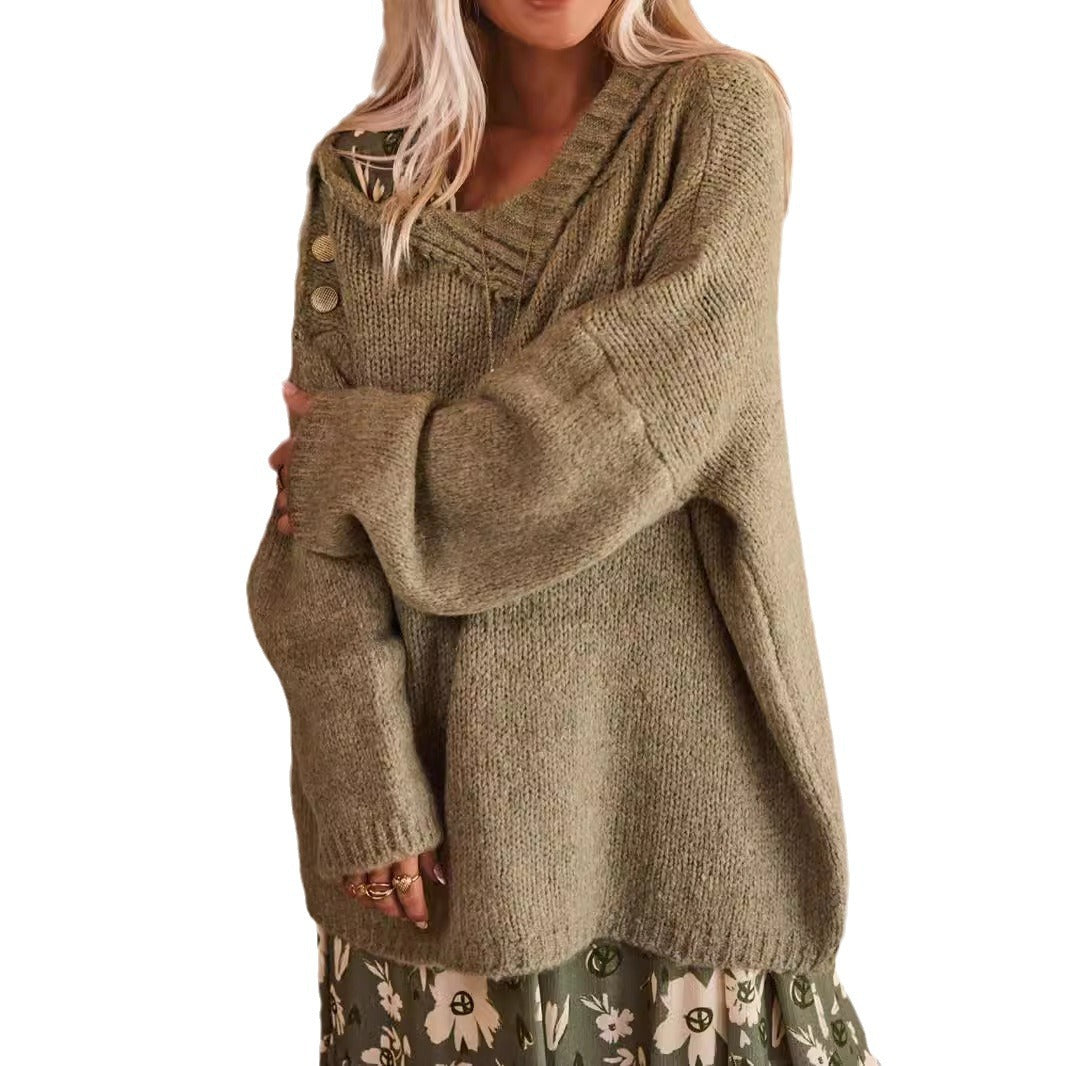 Damen Grobstrickpullover mit hohem Kragen und modischen Knopfdetails Fudus