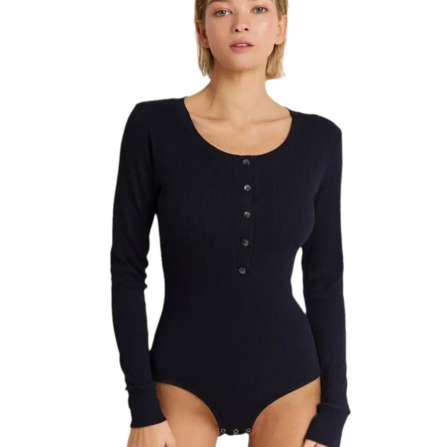 Damen Langarm-Bodysuit mit dekorativem Knopfdetail Fudus