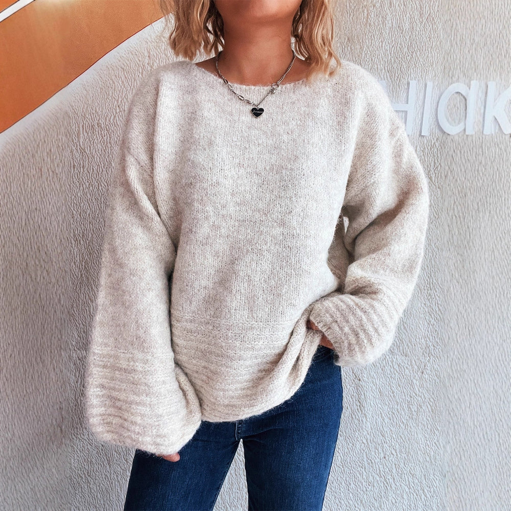 Damen kuscheliger Strickpullover mit weitem Schnitt und modischen Baumelärmeln Fudus