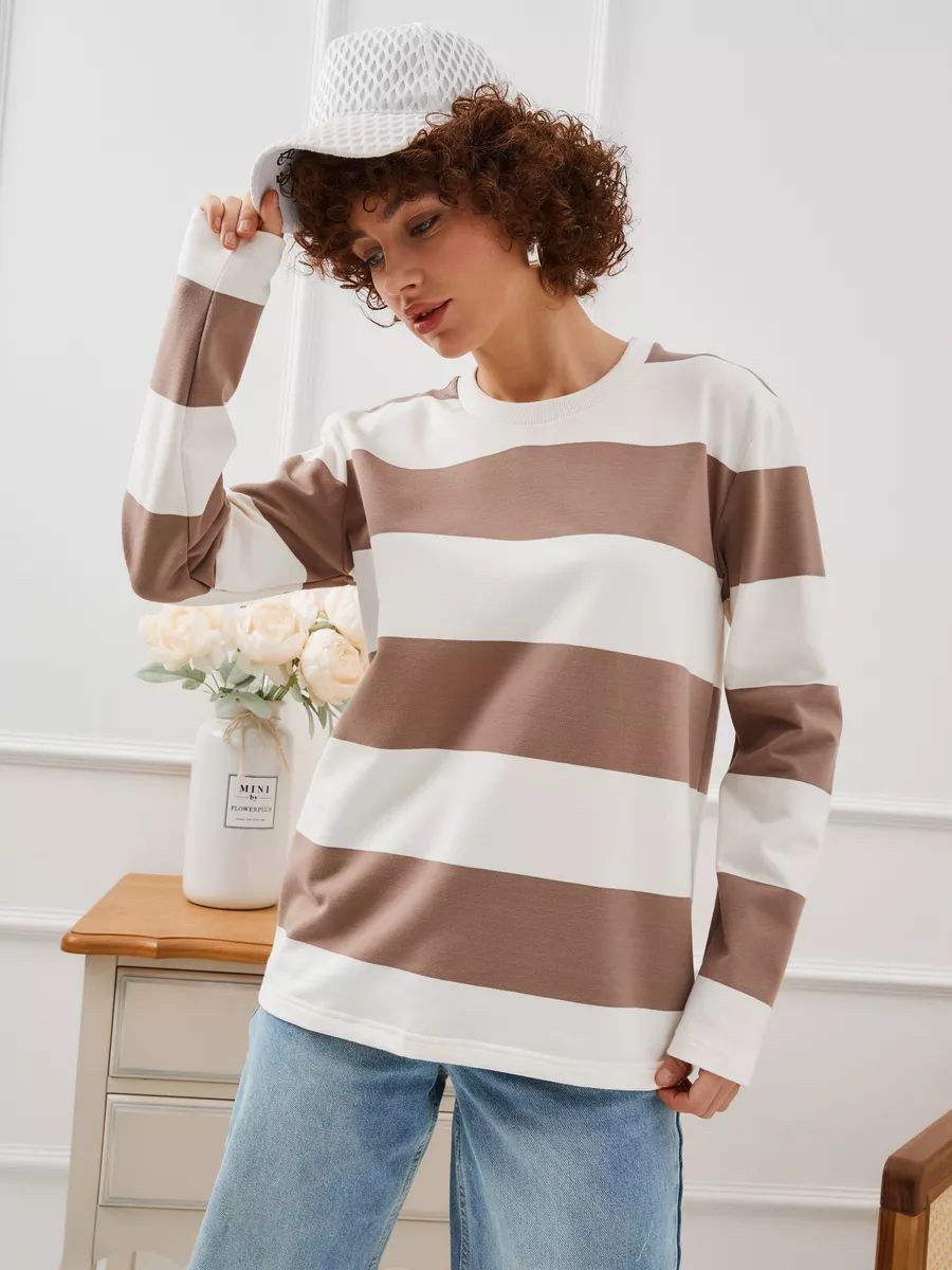 Damen gestreifter Langarm-Pullover mit weitem Schnitt Fudus