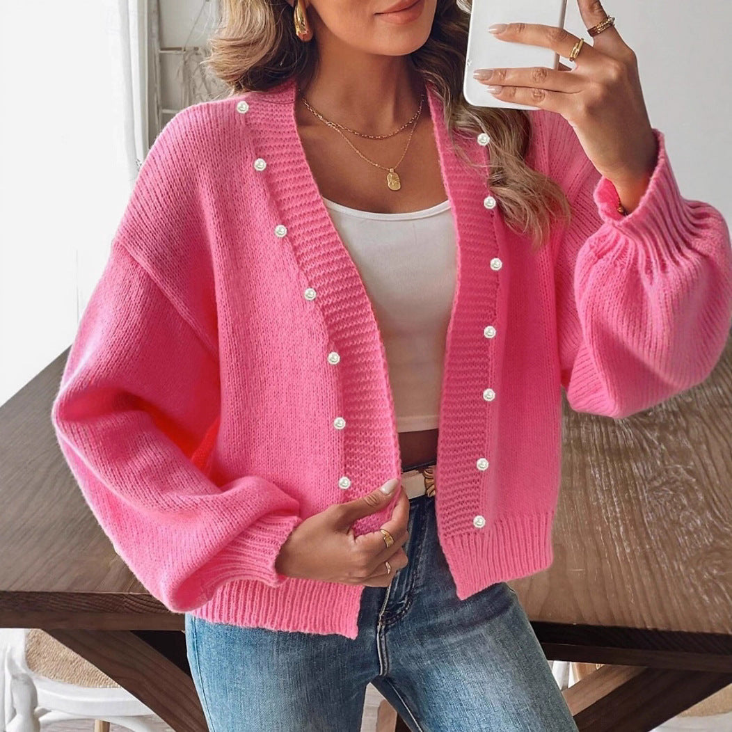 Damen Kuschelige Strickjacke mit Perlenknöpfen Fudus