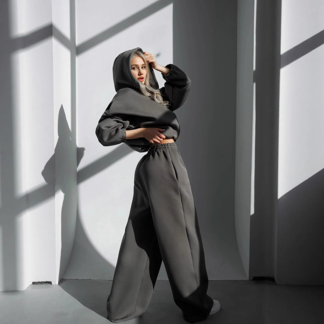 Damen modischer cropped Kapuzenpullover und entspannte Hose Set Fudus