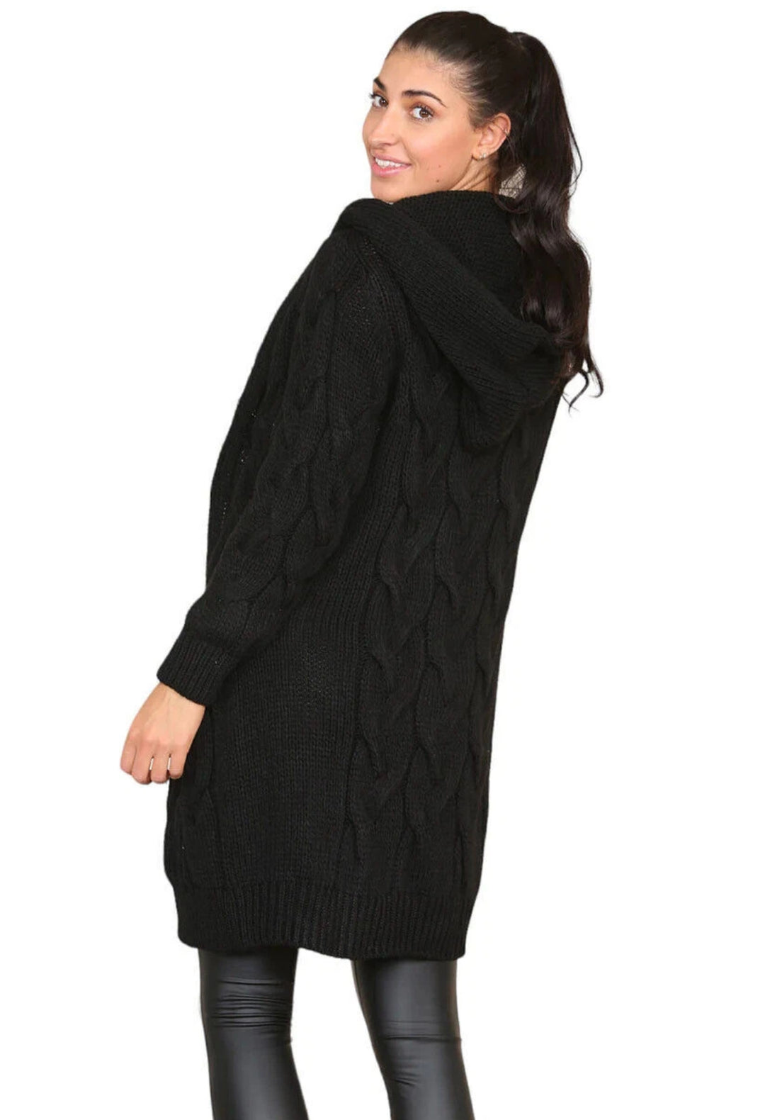 Damen kuscheliger Strickmantel mit Kapuze und großen Zopfmustern Fudus