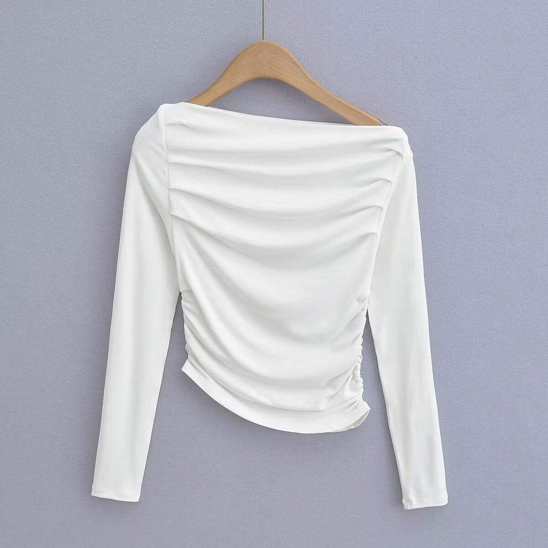 Damen langärmliges Oberteil mit gerafftem Design und asymmetrischem Ausschnitt Fudus