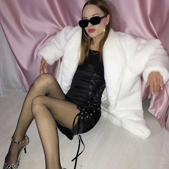 Damen Kuscheliger Teddy-Mantel mit großem Kragen und Taschen Fudus