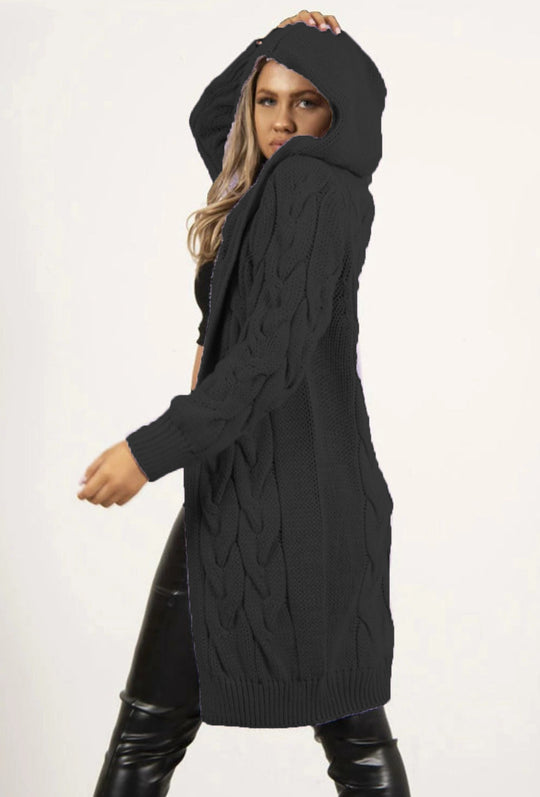 Damen Grobstrickjacke mit Kapuze und Zopfmuster Fudus