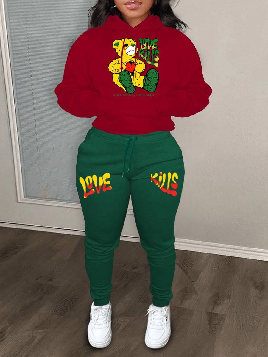 Damen Hoodie und Jogginghose Set mit kreativem Bärenmotiv und auffälligem Schriftzug Fudus