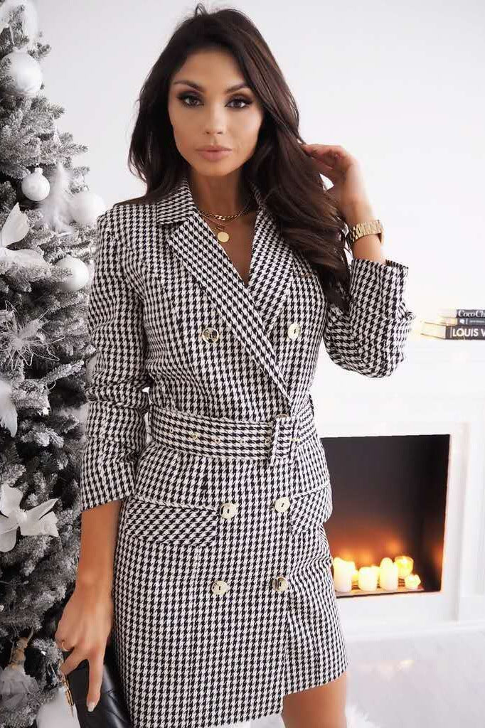 Damen Karierte Blazer-Kleid mit modischen Knopfdetails und Taillengürtel Fudus