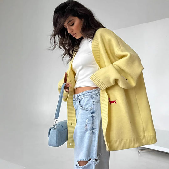 Damen lässige Strickjacke mit einzigartigen Stickerei-Details Fudus