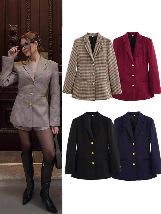 Damen karierten Blazer mit goldenen Knöpfen und praktischen Taschen Fudus