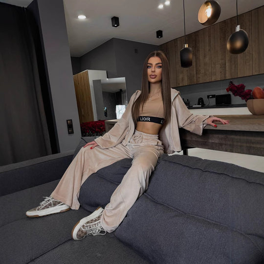 Damen kuscheliges Velours-Loungewear-Set mit weitem Schnitt Fudus