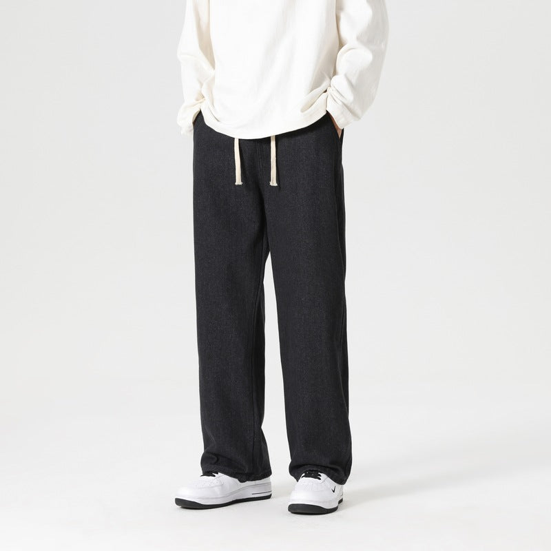 Herren lässige weite Jeanshose mit elastischem Bund und seitlichen Eingrifftaschen Fudus