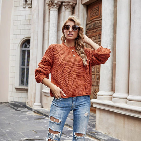 Damen Grobstrickpullover mit ballonförmigen Ärmeln Fudus