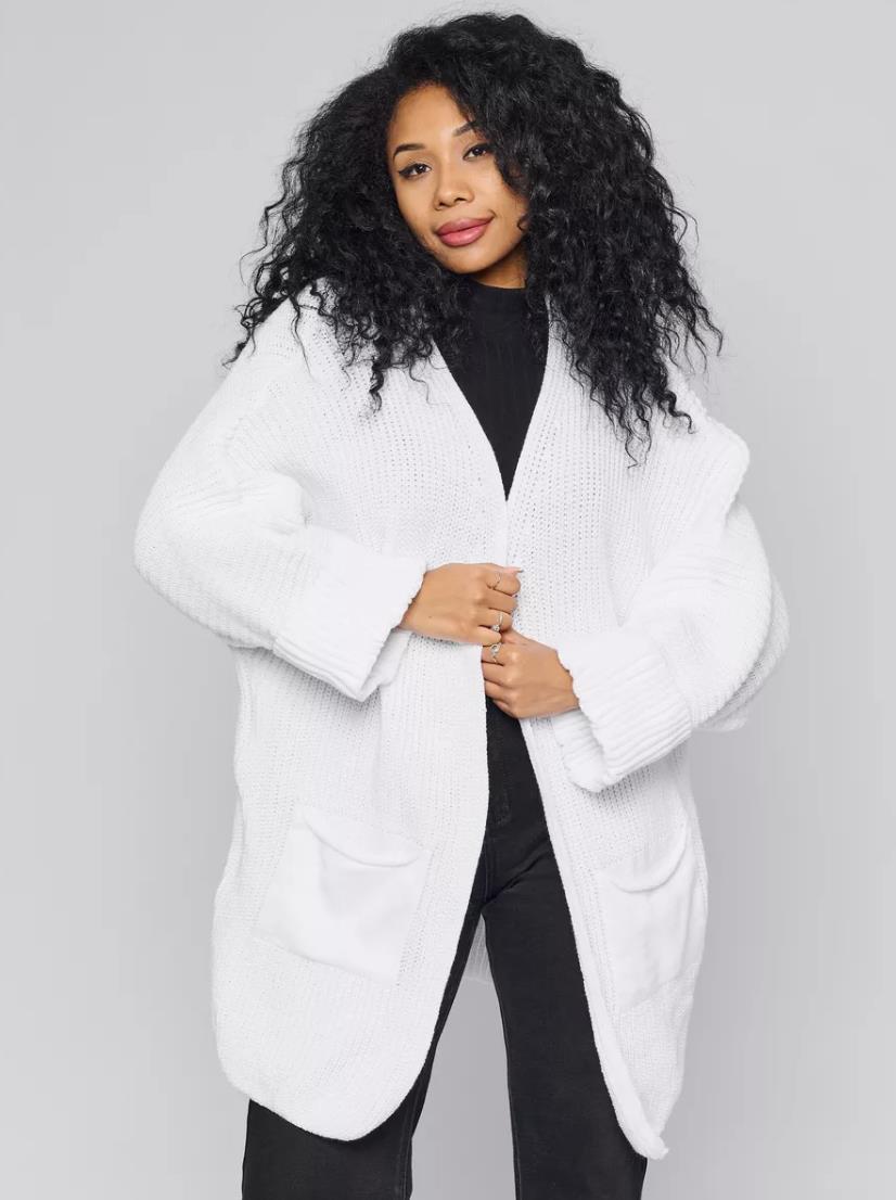 Damen lässige Strickjacke mit aufgesetzten Taschen und offenem Design Fudus