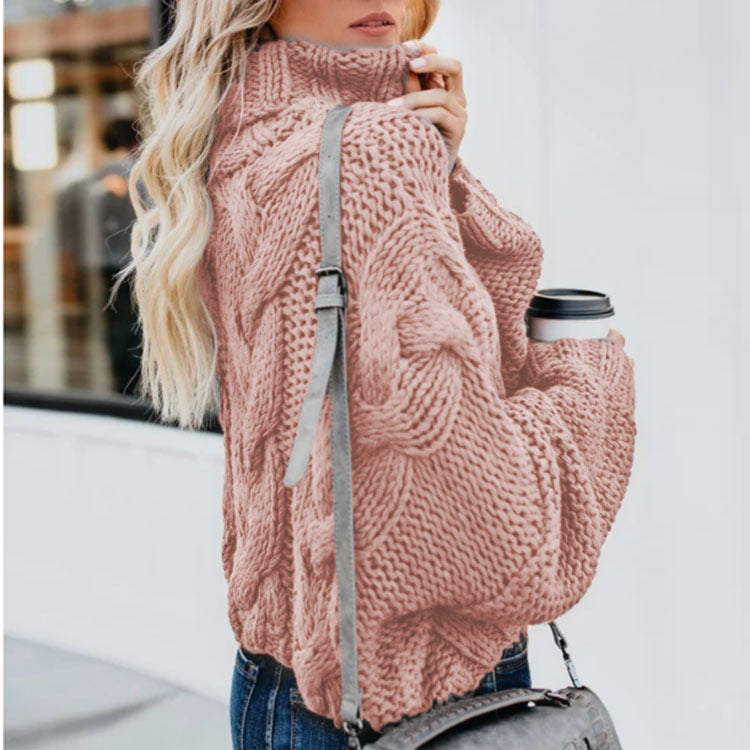 Damen Grobstrickpullover mit hohem Kragen und elegantem Zopfmuster Fudus