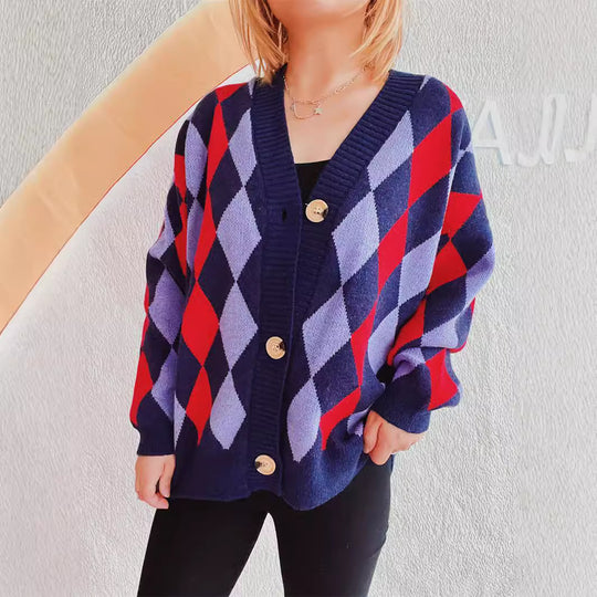 Damen lässige Strickjacke im Rauten-Muster mit goldenen Knöpfen Fudus