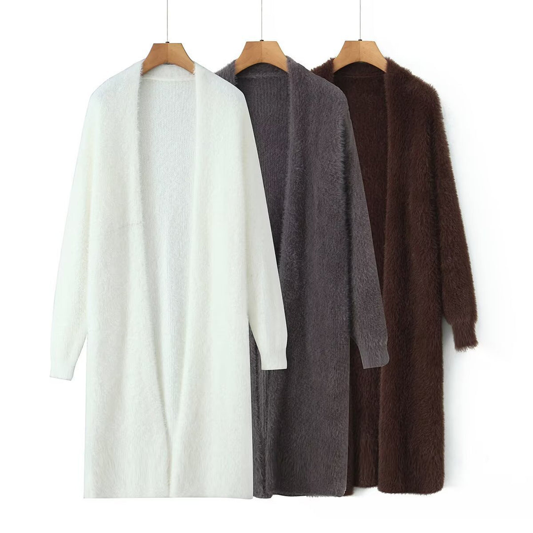 Damen kuschelige Strickjacke mit offenem Frontdesign und langen Ärmeln Fudus