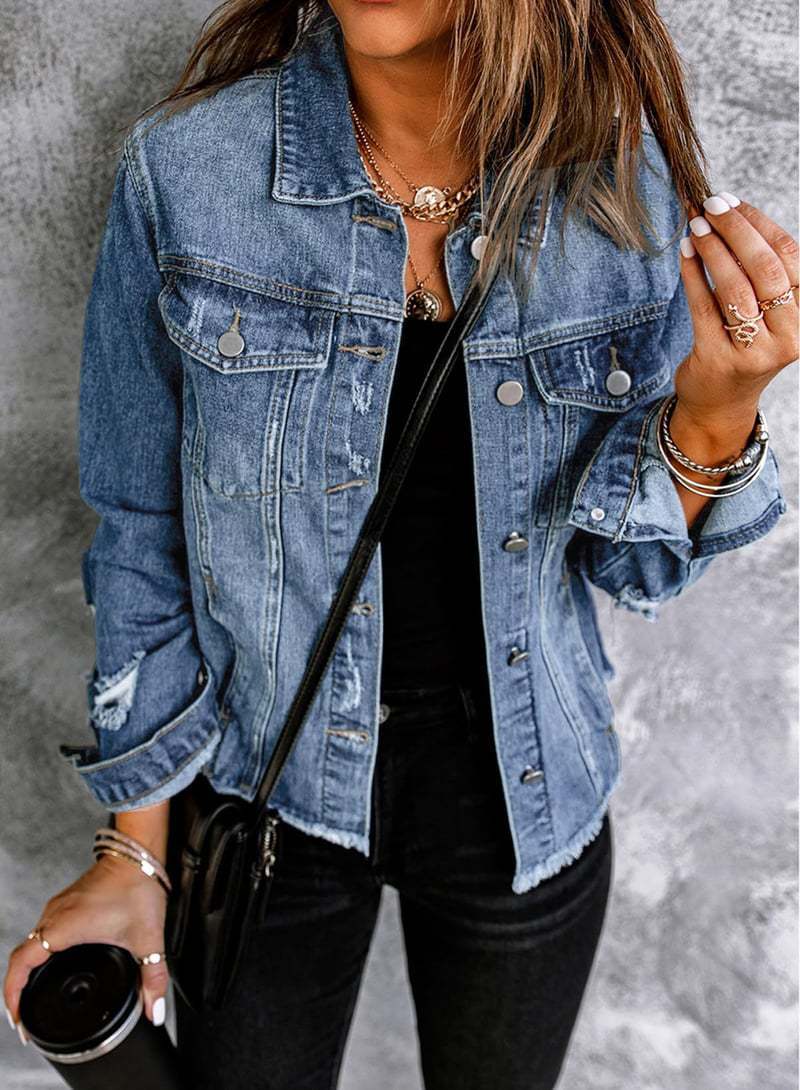 Damen Jeansjacke mit modischen Destroyed-Details und klassischen Brusttaschen Fudus
