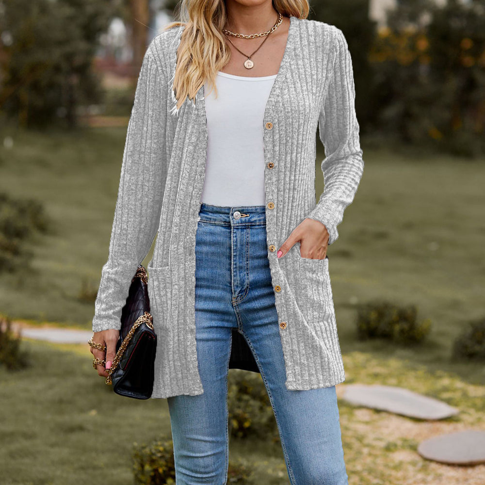 Damen Langärmlige Strickjacke mit Knopfdetails und Taschen Fudus