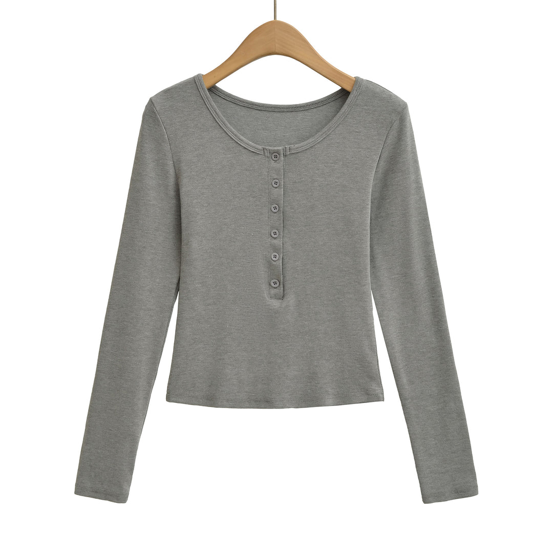 Damen Langarmoberteil mit knöpfbarem Ausschnitt und lässigem Schnitt Fudus