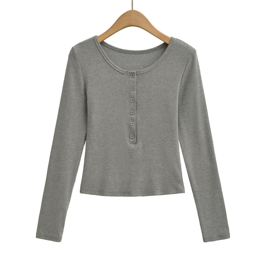 Damen Langarmoberteil mit knöpfbarem Ausschnitt und lässigem Schnitt Fudus
