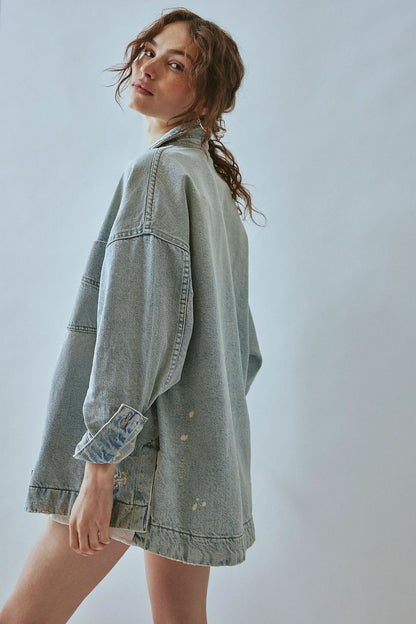 Damen Lässige Oversized-Jeansjacke mit Großen Taschen