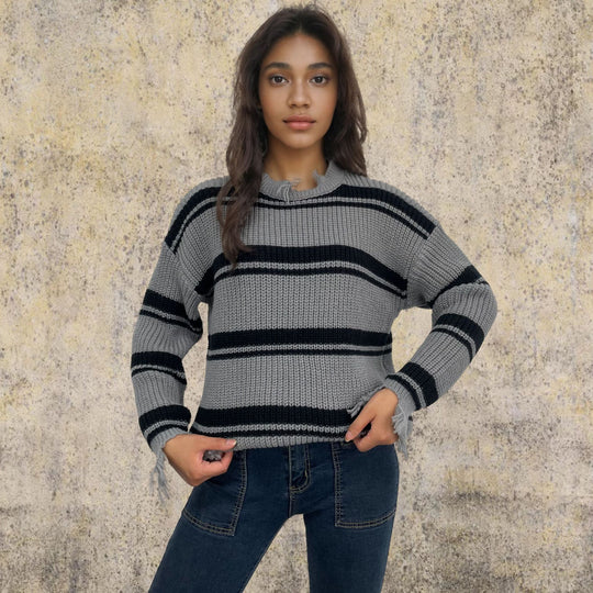 Damen Grobstrickpullover mit lässigem Streifenmuster Fudus