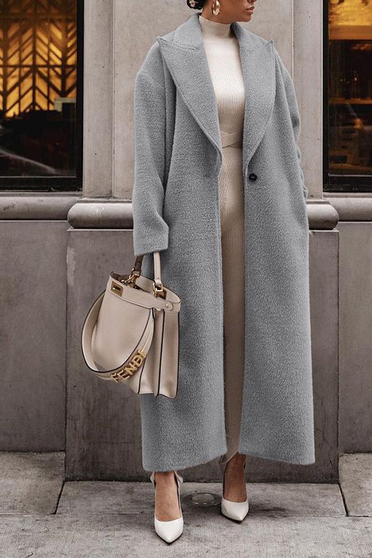 Damen Plüschmantel Langer Reversmantel Elegant