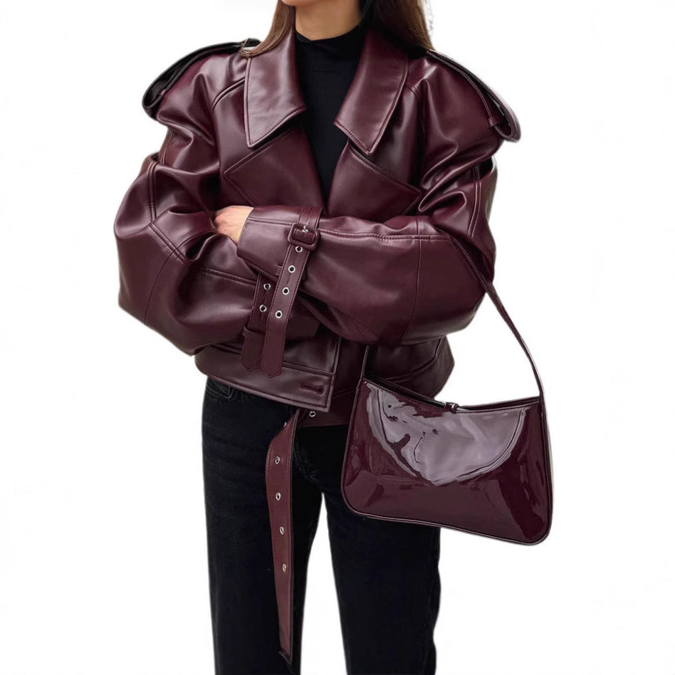 Damen Kunstlederjacke im Oversized-Design mit Riemen und neuen Details Fudus