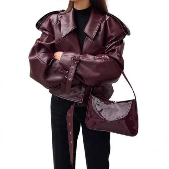 Damen Kunstlederjacke im Oversized-Design mit Riemen und neuen Details Fudus